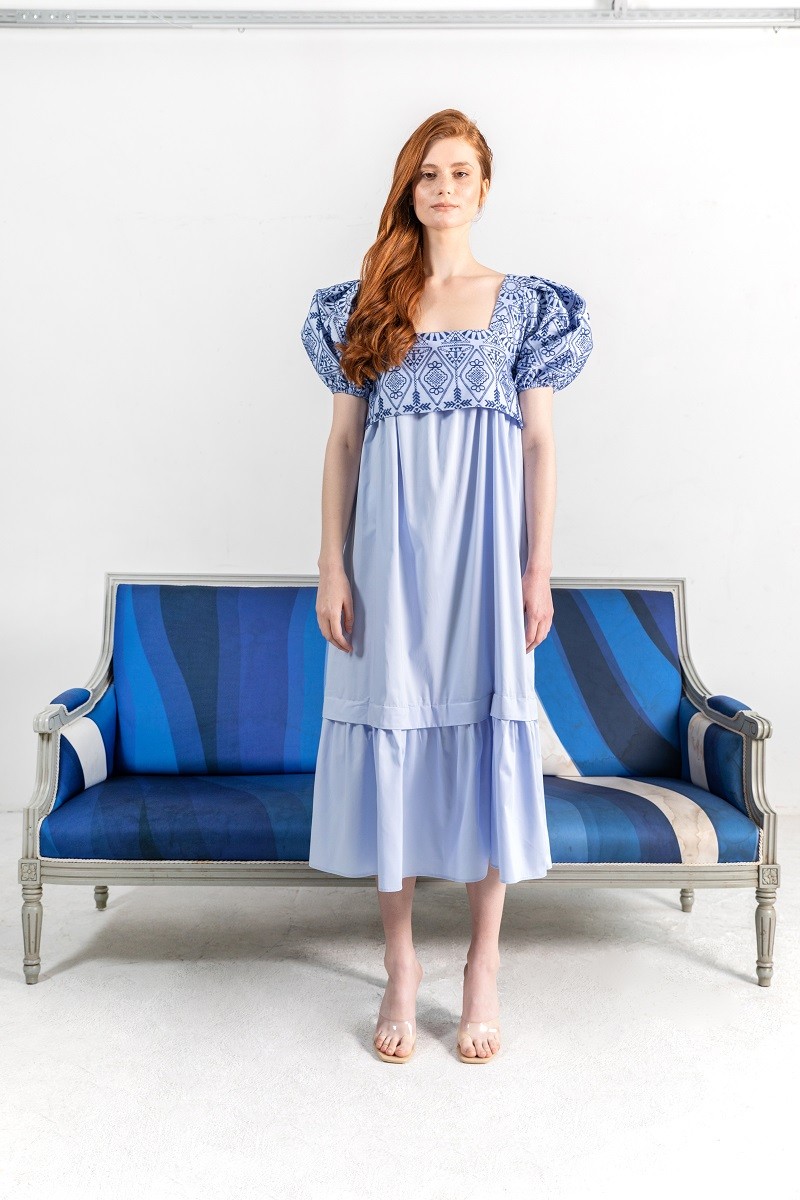 Tassel Detailed Pure Organic Cotton Blue Midi Dress