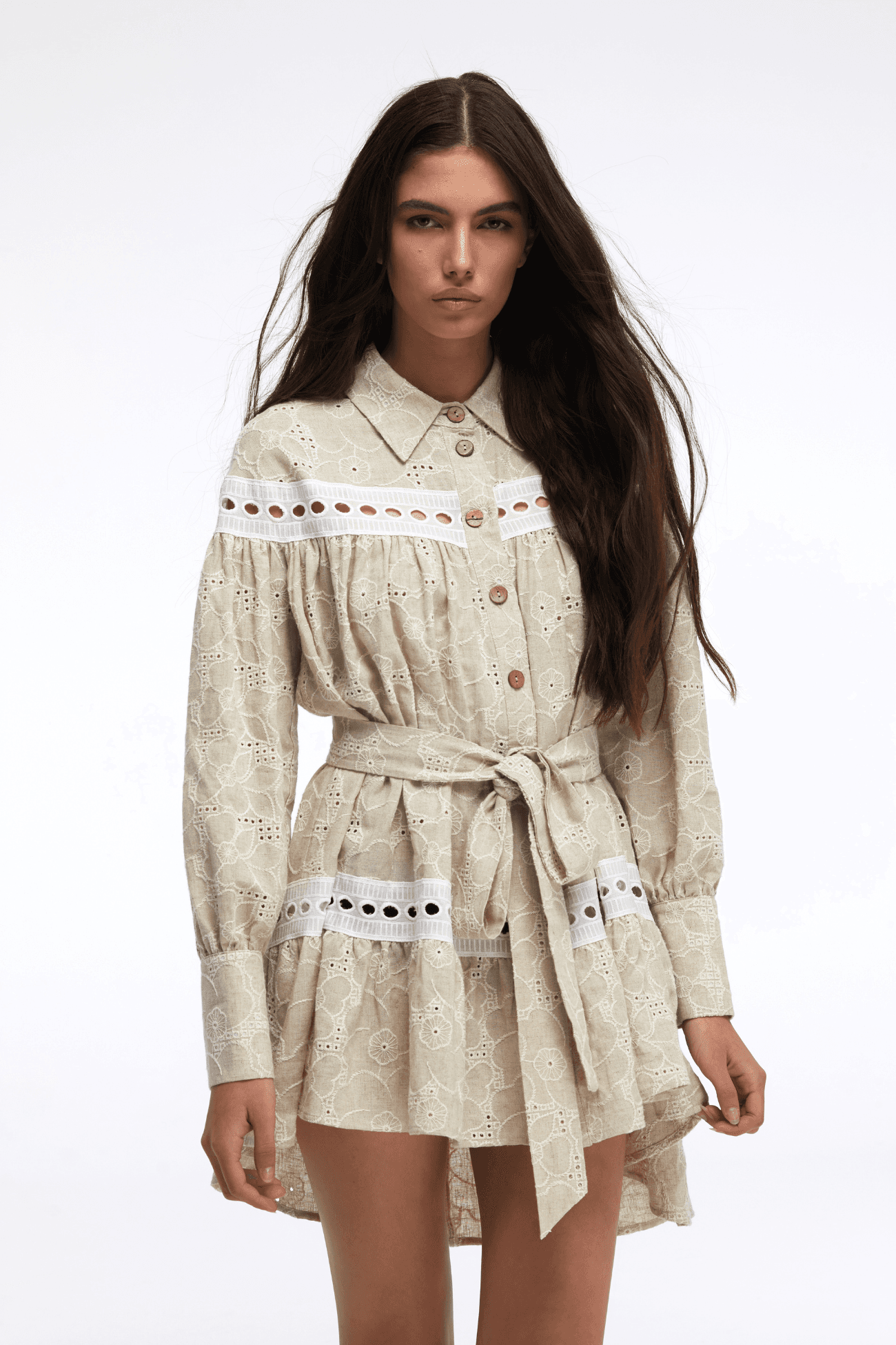 Asymmetric Cut Linen Embroidery Mini Shirt Dress