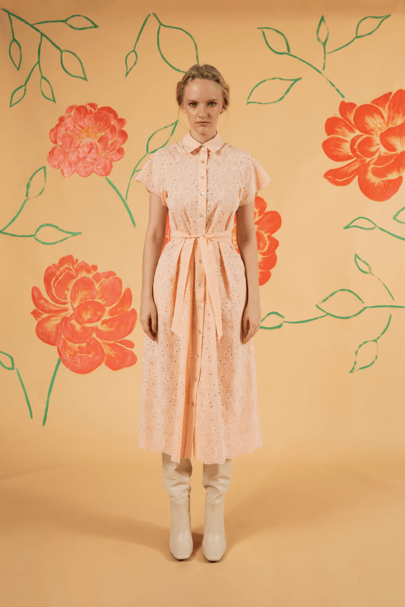 Belted Midi Salmon Color Cotton Brode Dress