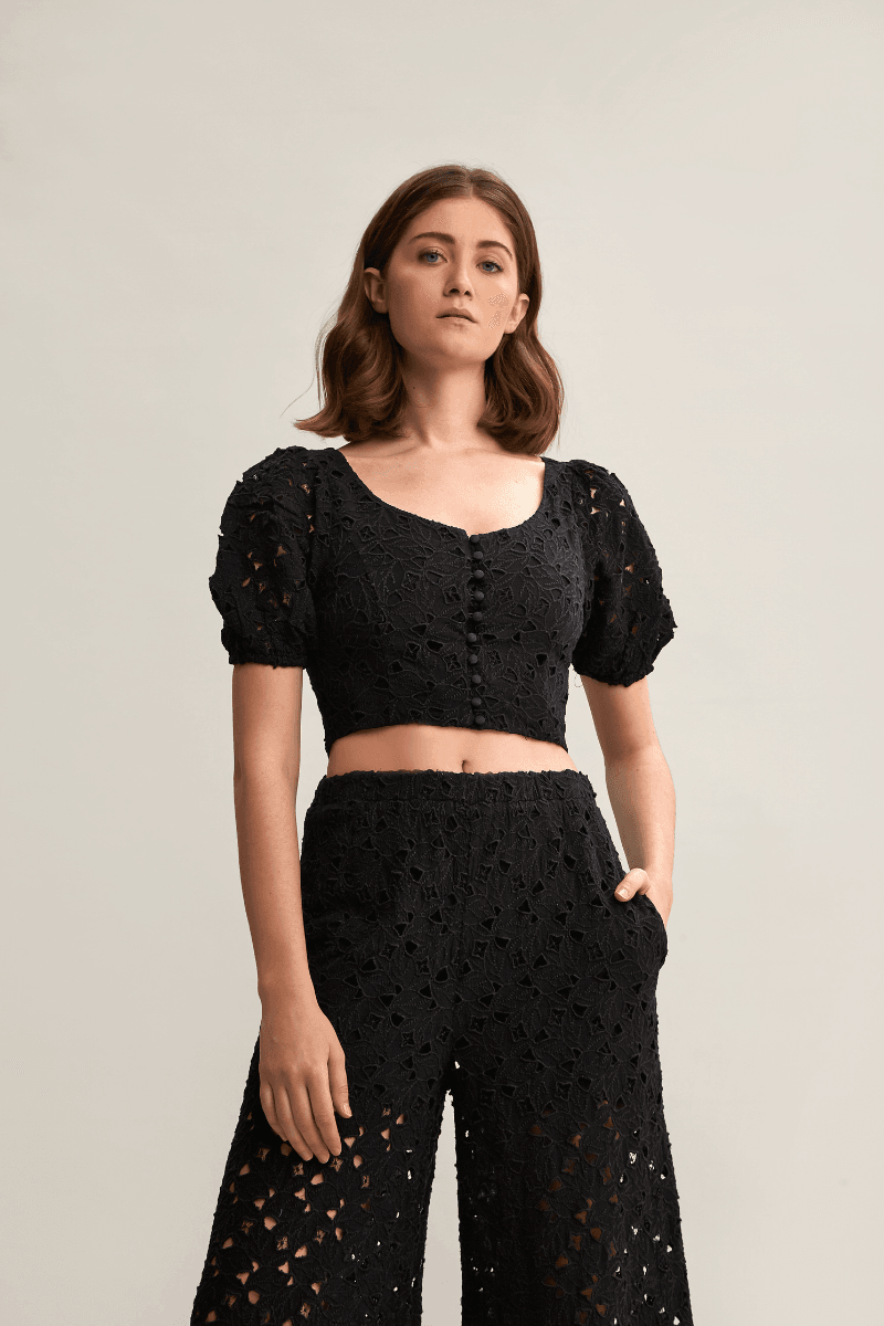 Buttoned Black Embroidery Crop Blouse