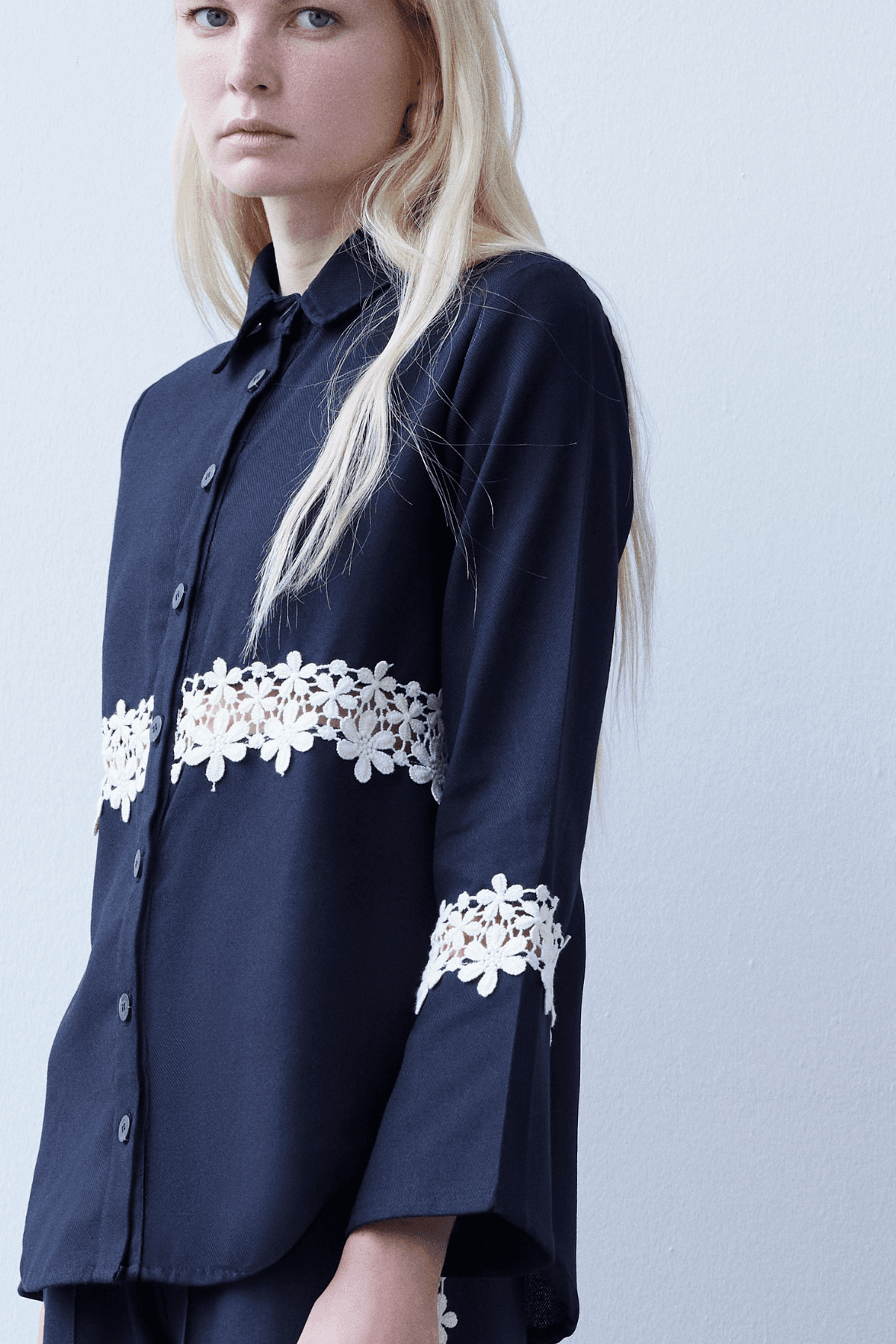 Black Pure Cotton Shirt with Guipure Lace Detailing