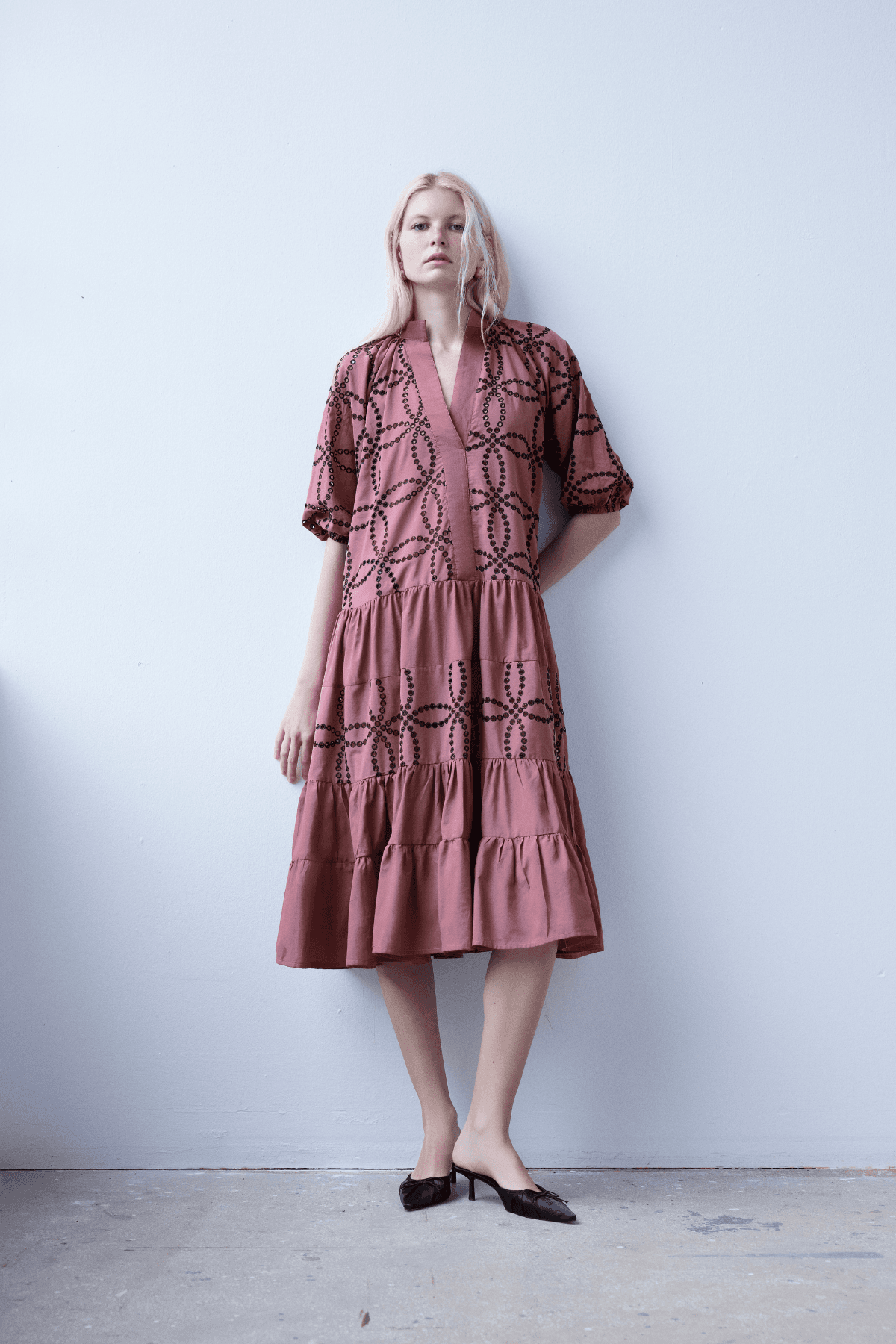 Plum Organic Cotton Midi Dress with Guipure Lace Detailing