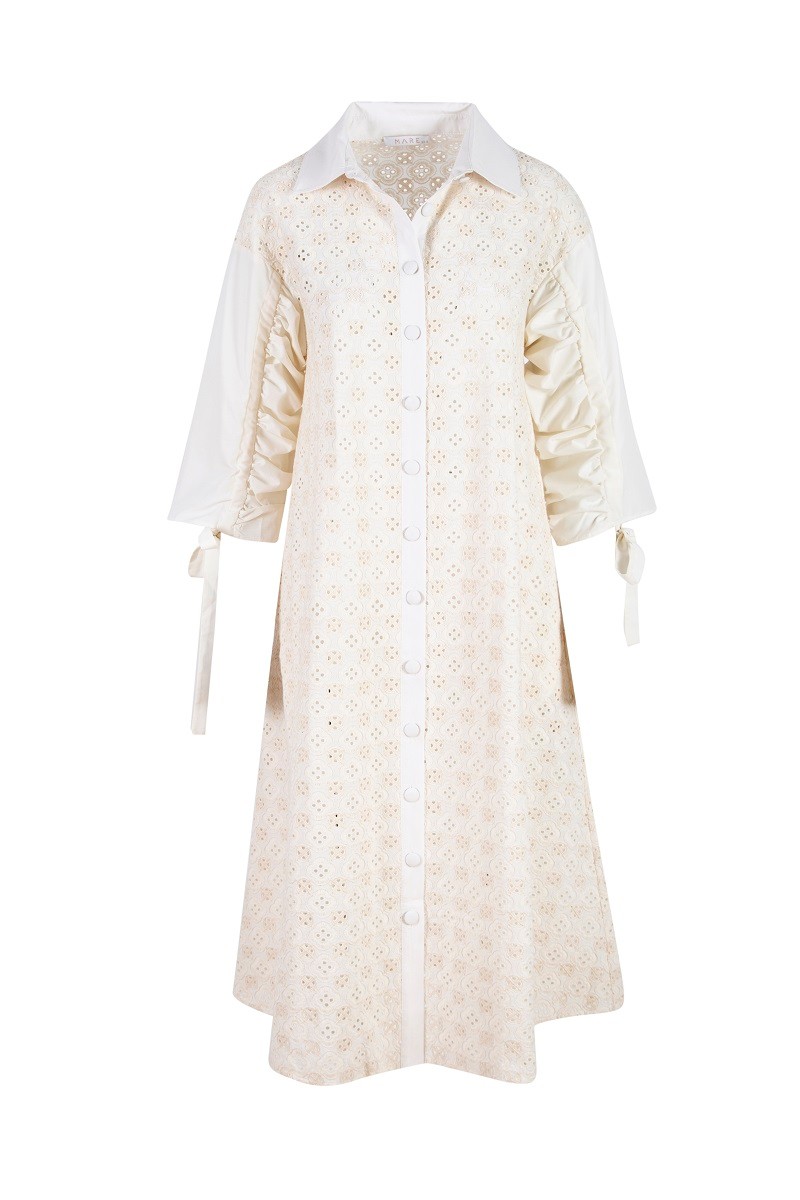 Belted Organic Cotton Beige Embroidery Shirt Dress