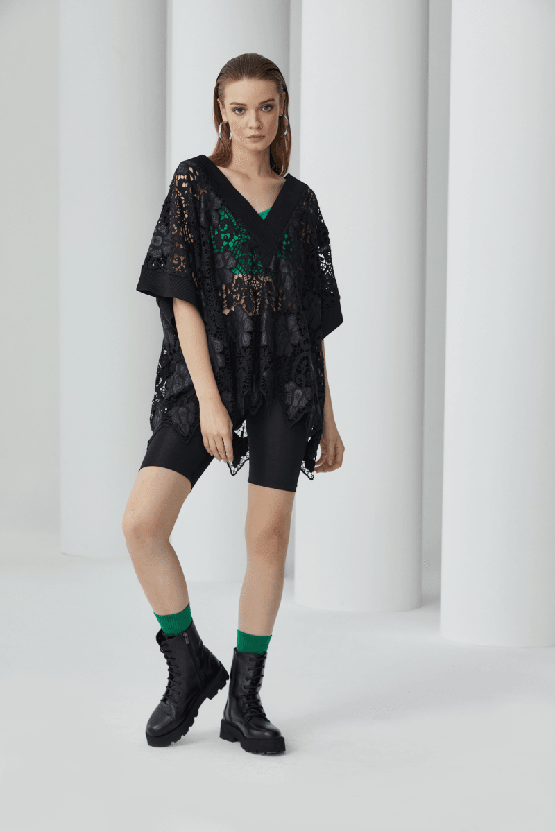 Guipure Faux Leather Oversized Black Embroidery Blouse