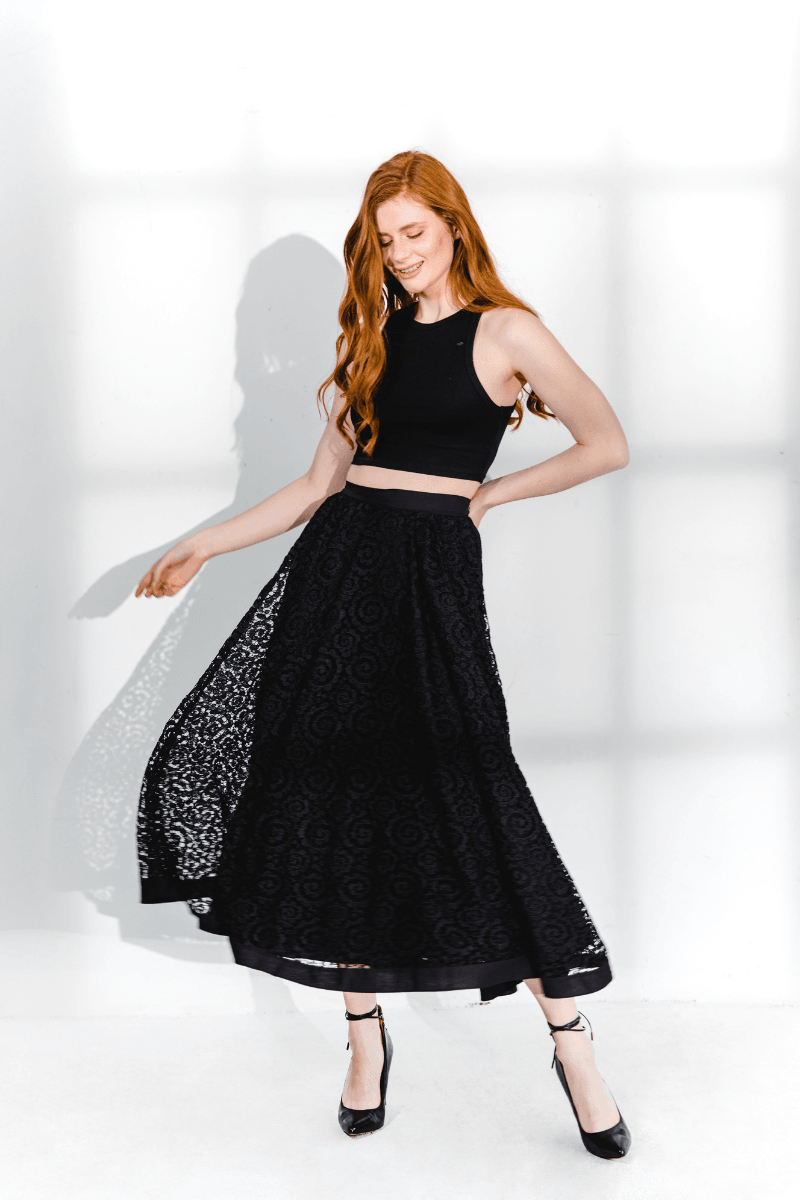 Lace Pattern Long Black Embroidery Skirt 