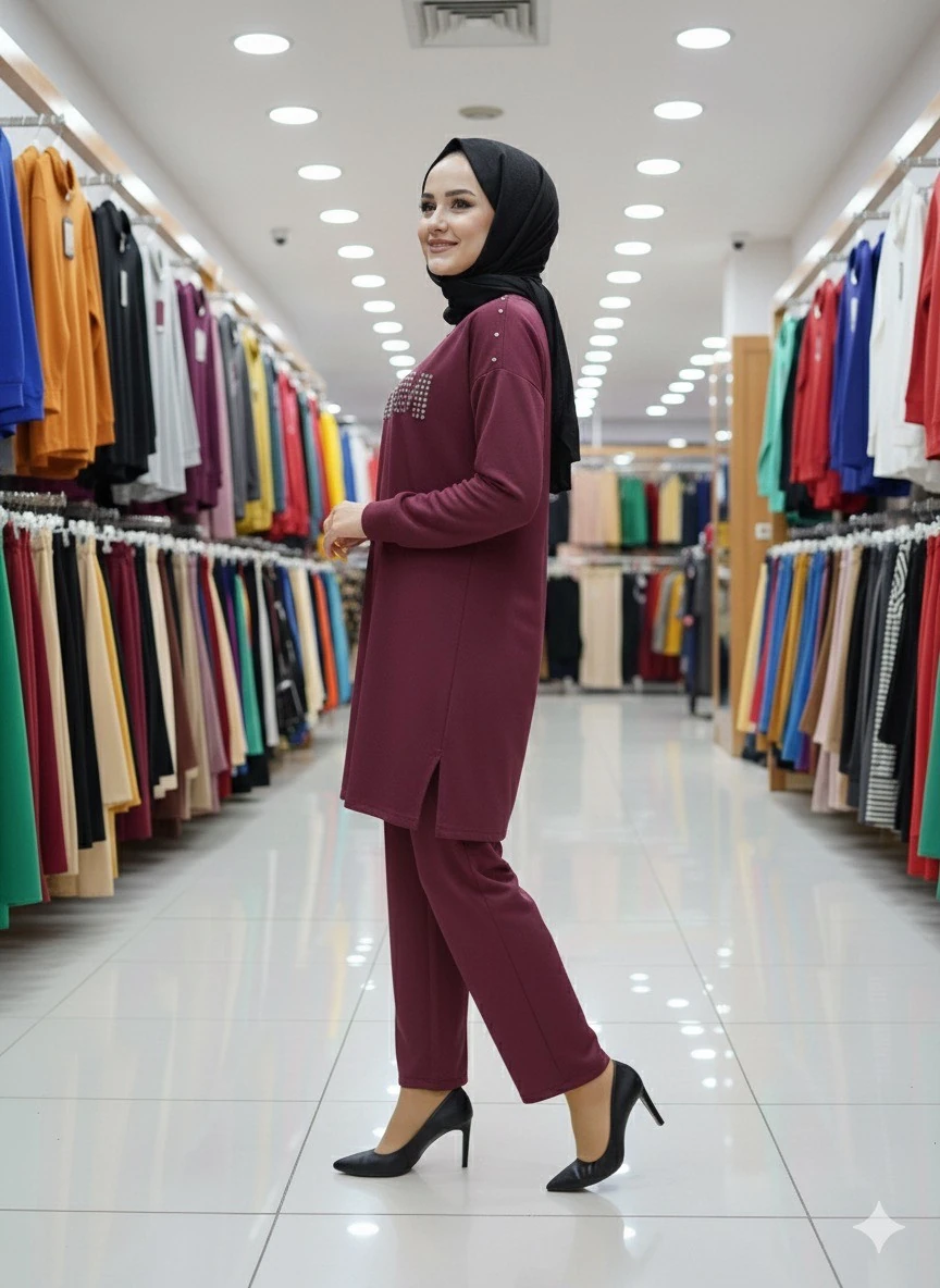 NEFİSE BLOOM TAŞLI TAKIM-BORDO