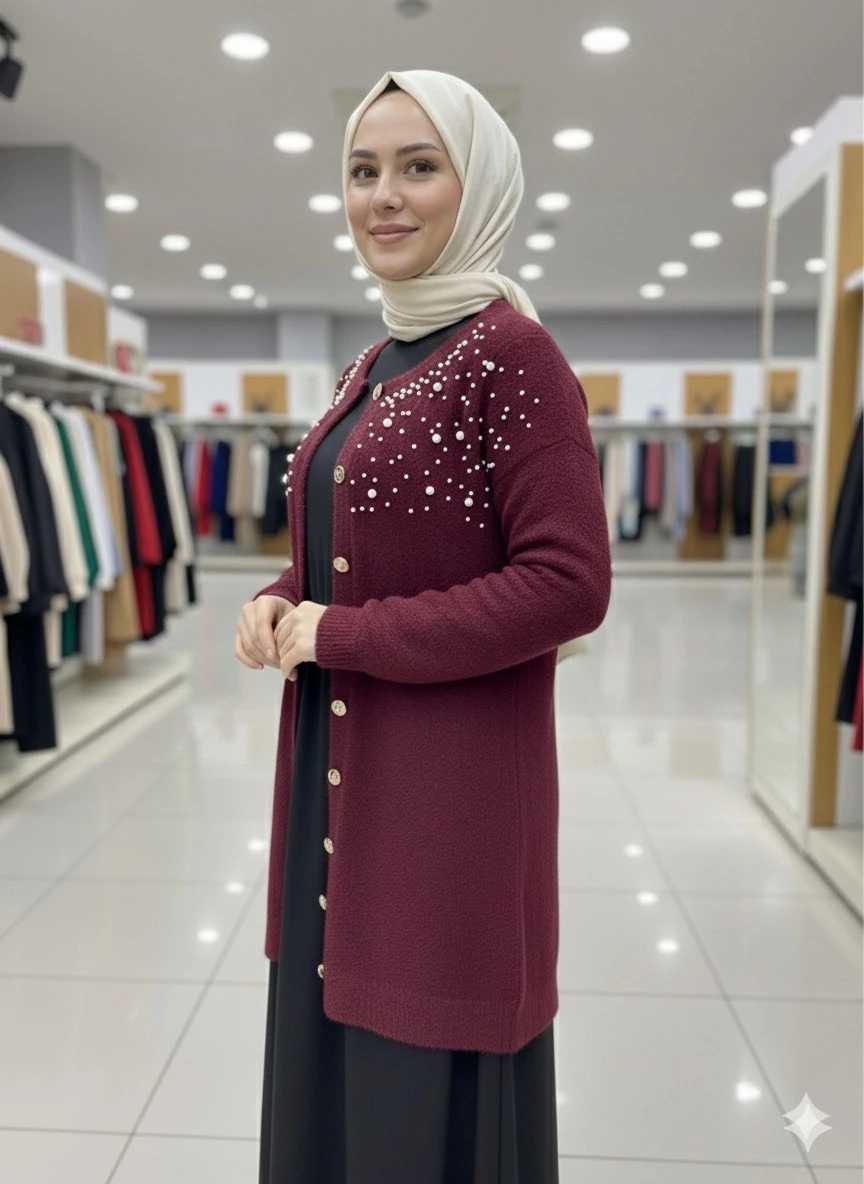 NEFİSE ANGORA İNCİLİ CEKET-BORDO