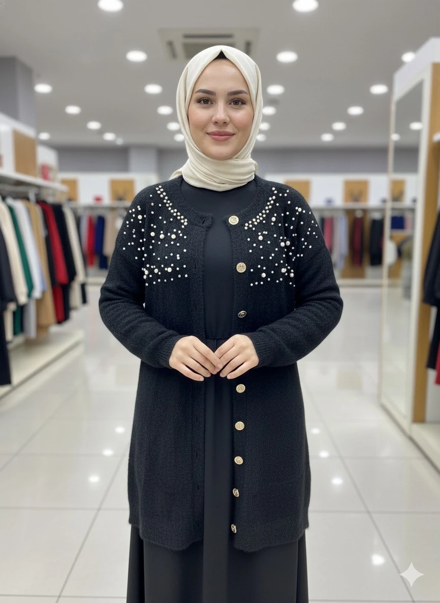 NEFİSE ANGORA İNCİLİ CEKET-SİYAH