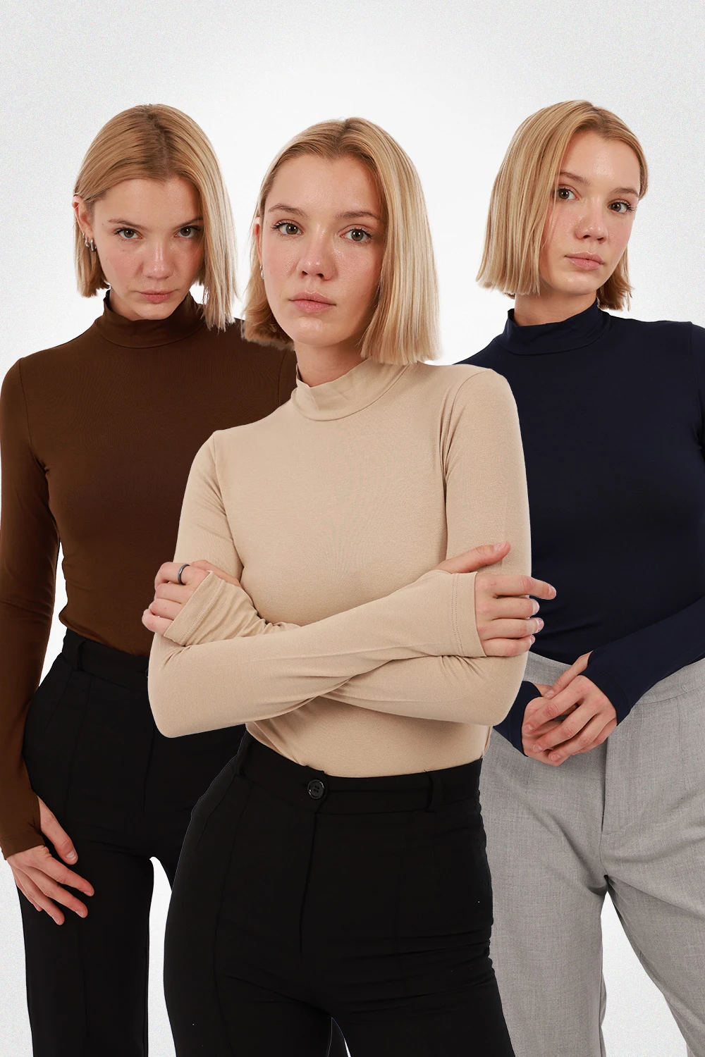 Kadın Parmak Detaylı Body 3’lü Set - Kahverengi, Ekru, Lacivert