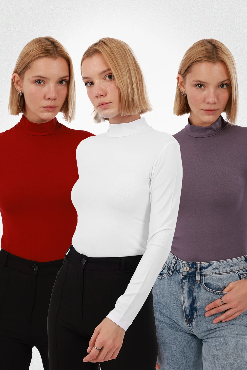 Kadın Uzun Kol Body 3’lü Set - Kırmızı, Beyaz, Mor