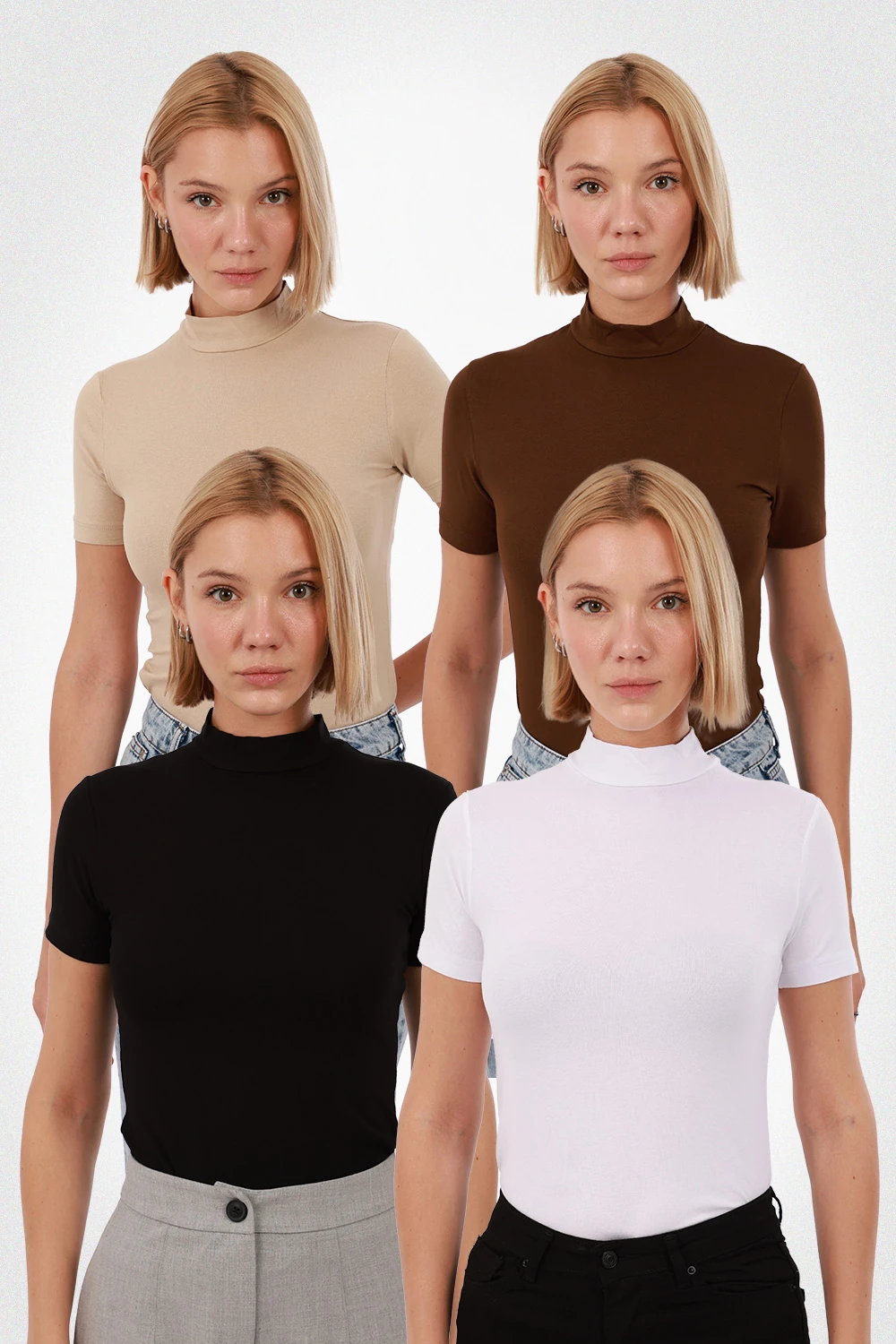 Kadın Kısa Kol Bluz 4’lü Set - Siyah,Beyaz,Kahverengi,Ekru