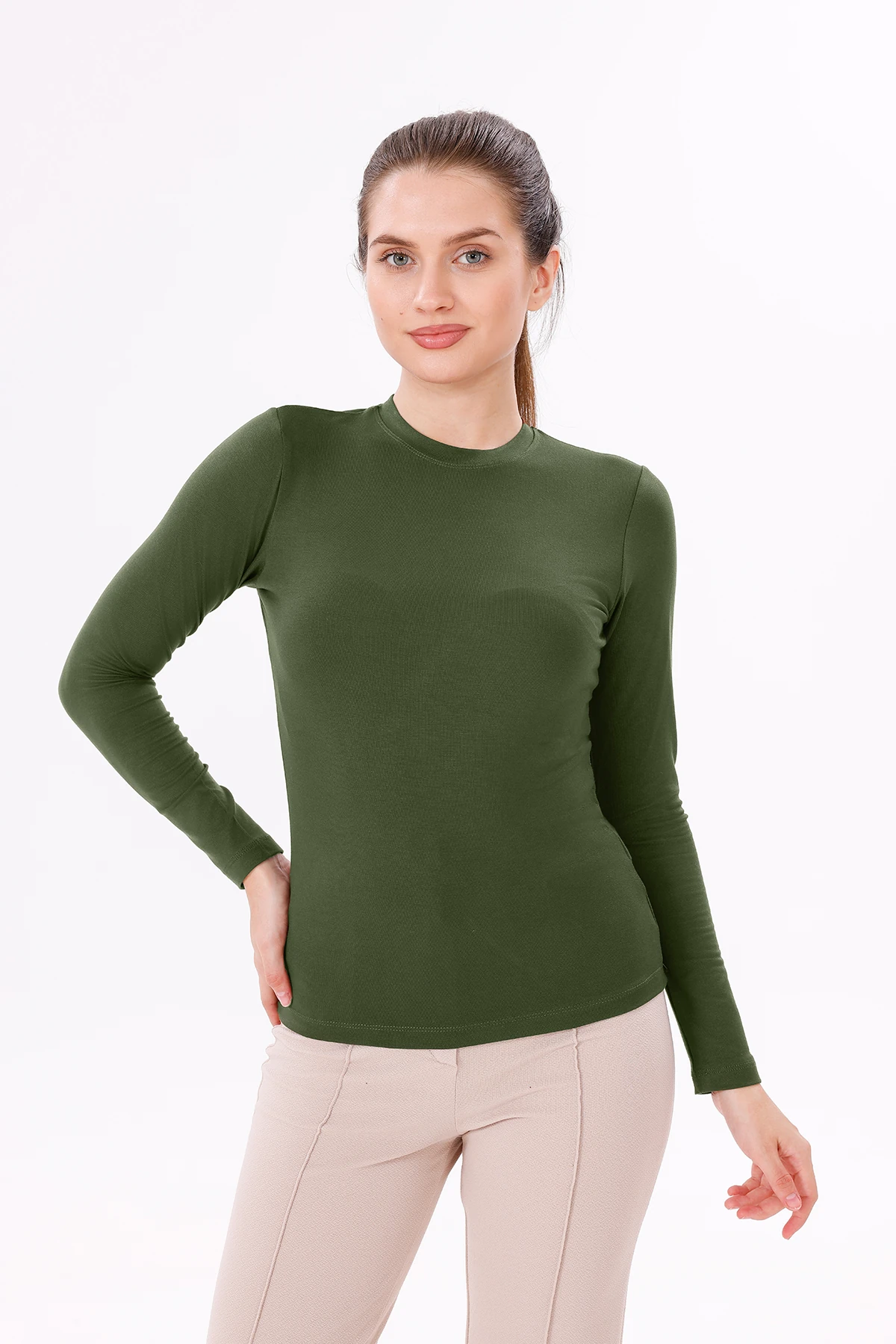 Uzun Kol Bisiklet Yaka Body 3'lü Set - Kahverengi,Ekru,Haki