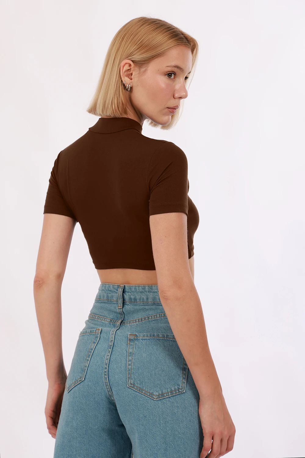 Kadın Kısa Kol Crop - Kahverengi