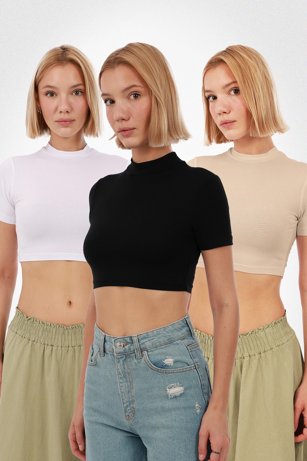 Kadın Kısa Kol Crop 3'lü Set - Siyah Beyaz Ekru