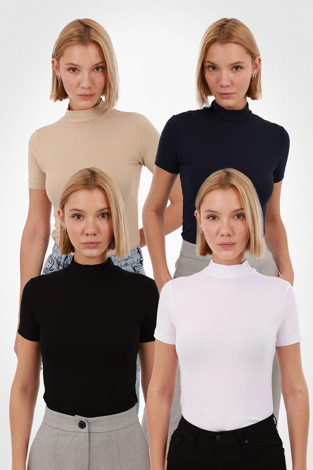 Kadın Kısa Kol Bluz 4’lü Set - Siyah,Beyaz,Lacivert,Ekru