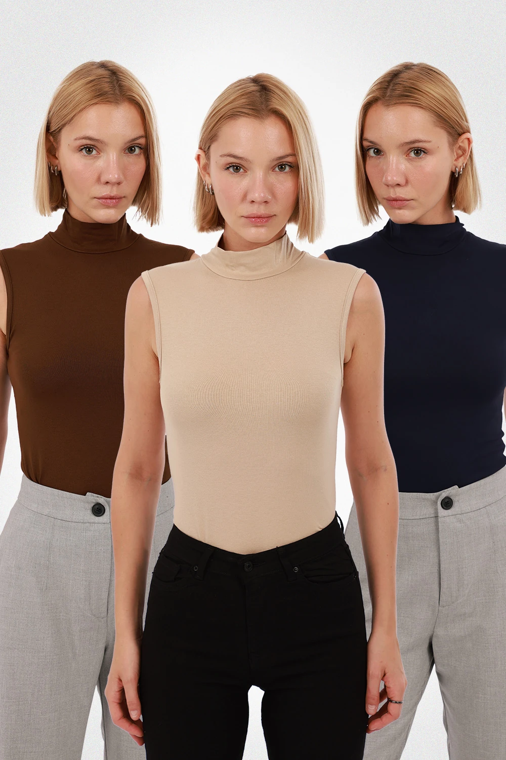 Kadın Kolsuz Bluz 3’lü Set - Kahverengi, Ekru, Lacivert