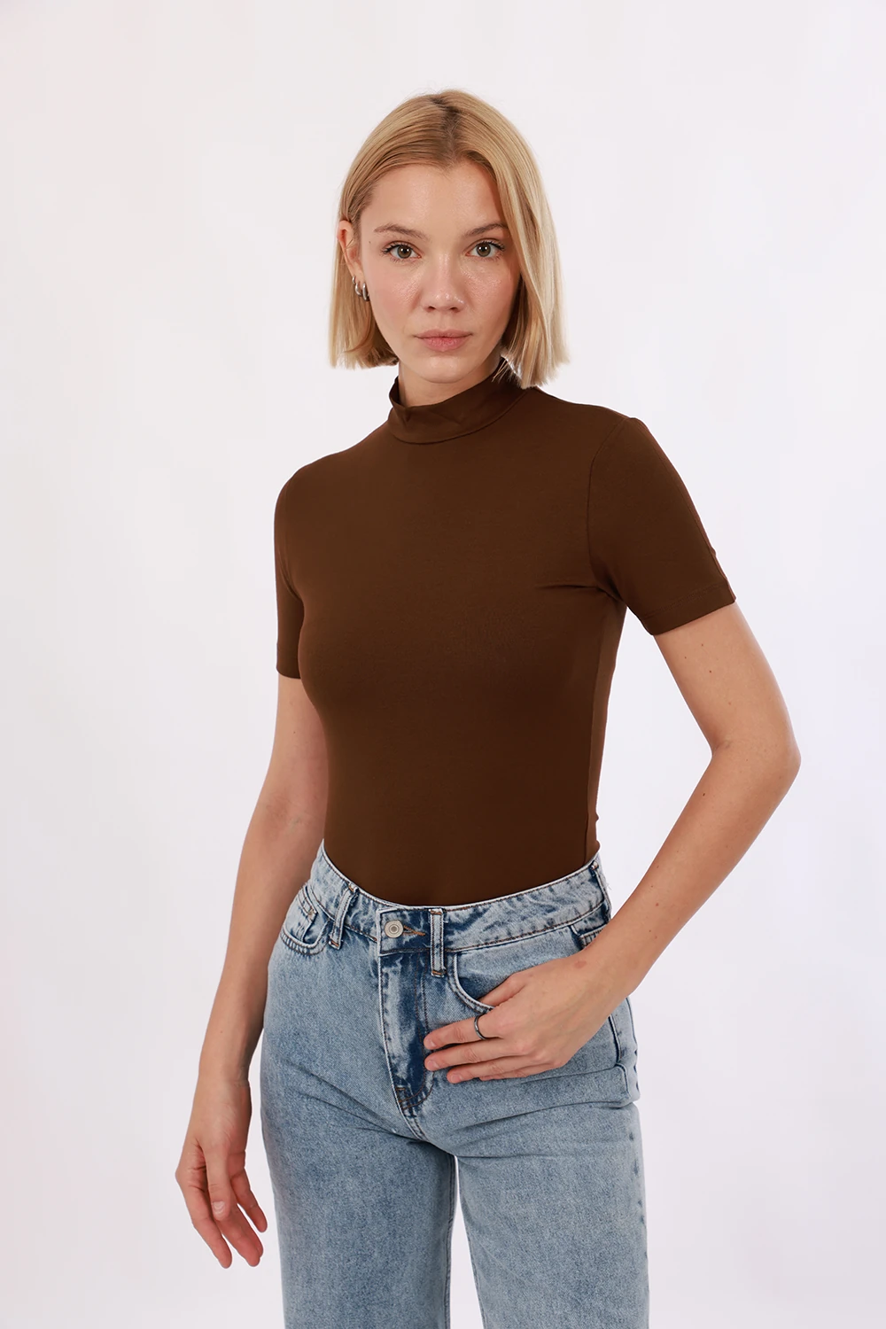 Kadın Kısa Kol Bluz 2'li SET - Siyah - Kahverengi