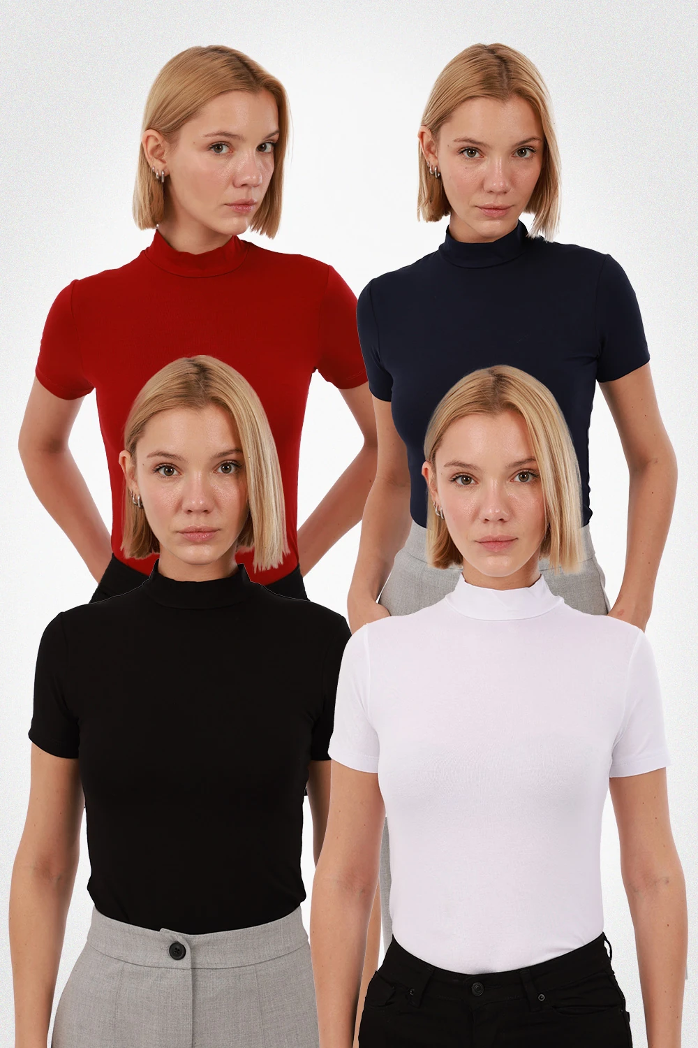 Kadın Kısa Kol Bluz 4’lü Set - Siyah,Beyaz,Lacivert,Kırmızı