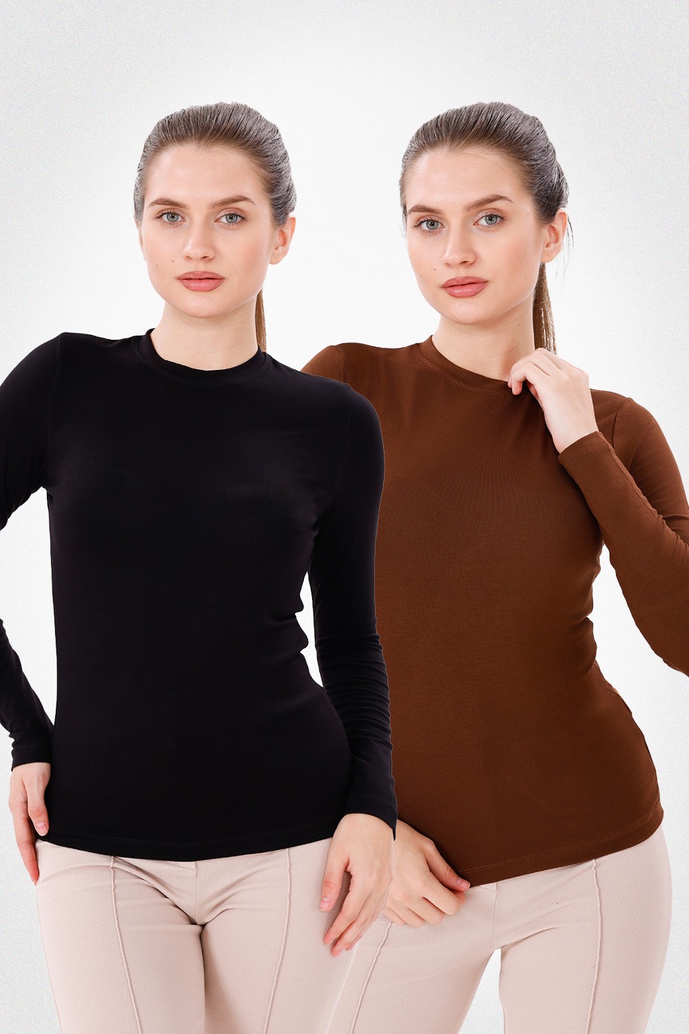 Uzun Kol Bisiklet Yaka Body 2'li Set - Siyah,Kahverengi
