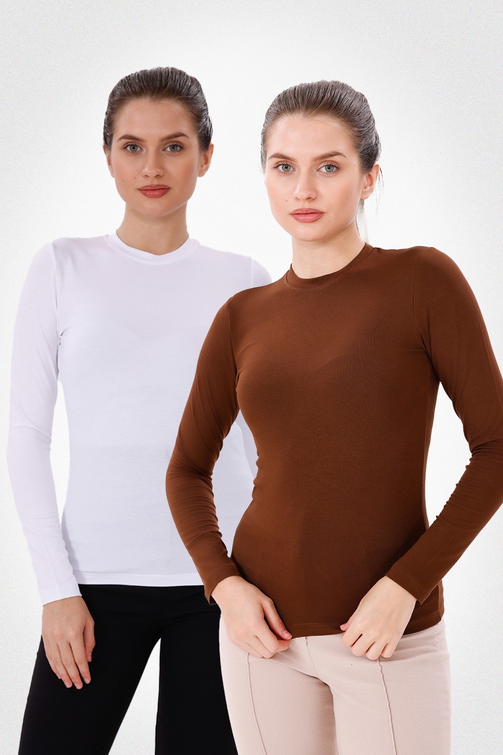 Uzun Kol Bisiklet Yaka Body 2'li Set - Beyaz,Kahverengi