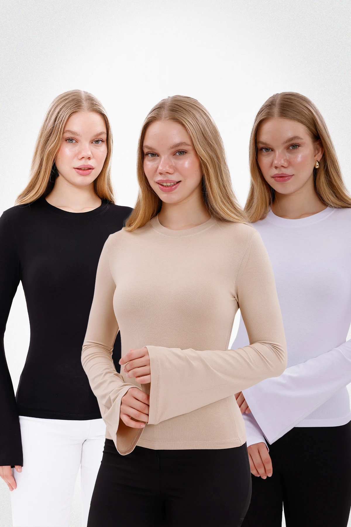 Kadın İspanyol Kol Body 3’lü Set - Siyah,Beyaz,Ekru