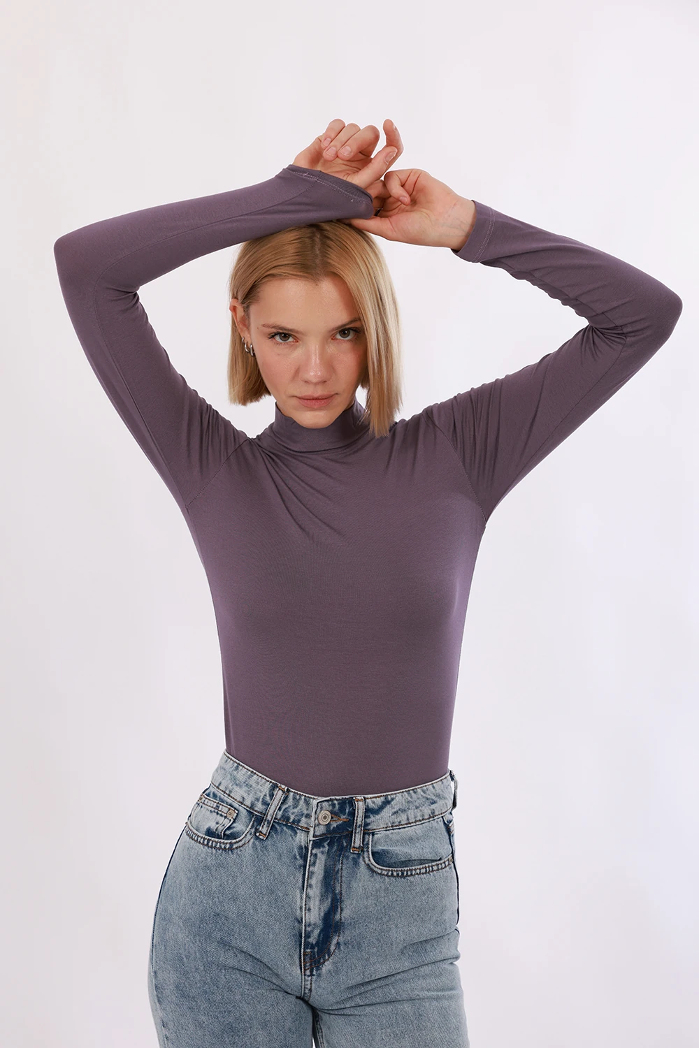 Kadın Uzun Kol Body - Mor