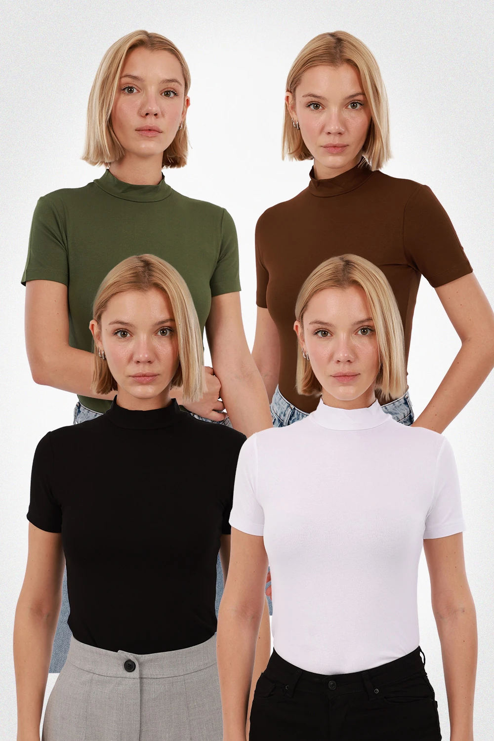 Kadın Kısa Kol Bluz 4’lü Set - Siyah,Beyaz,Kahve,Yeşil