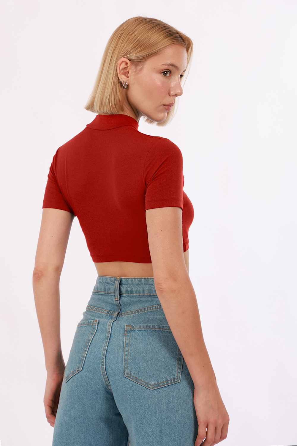 Kadın Kısa Kol Crop 2'li Set - Haki, Kırmızı