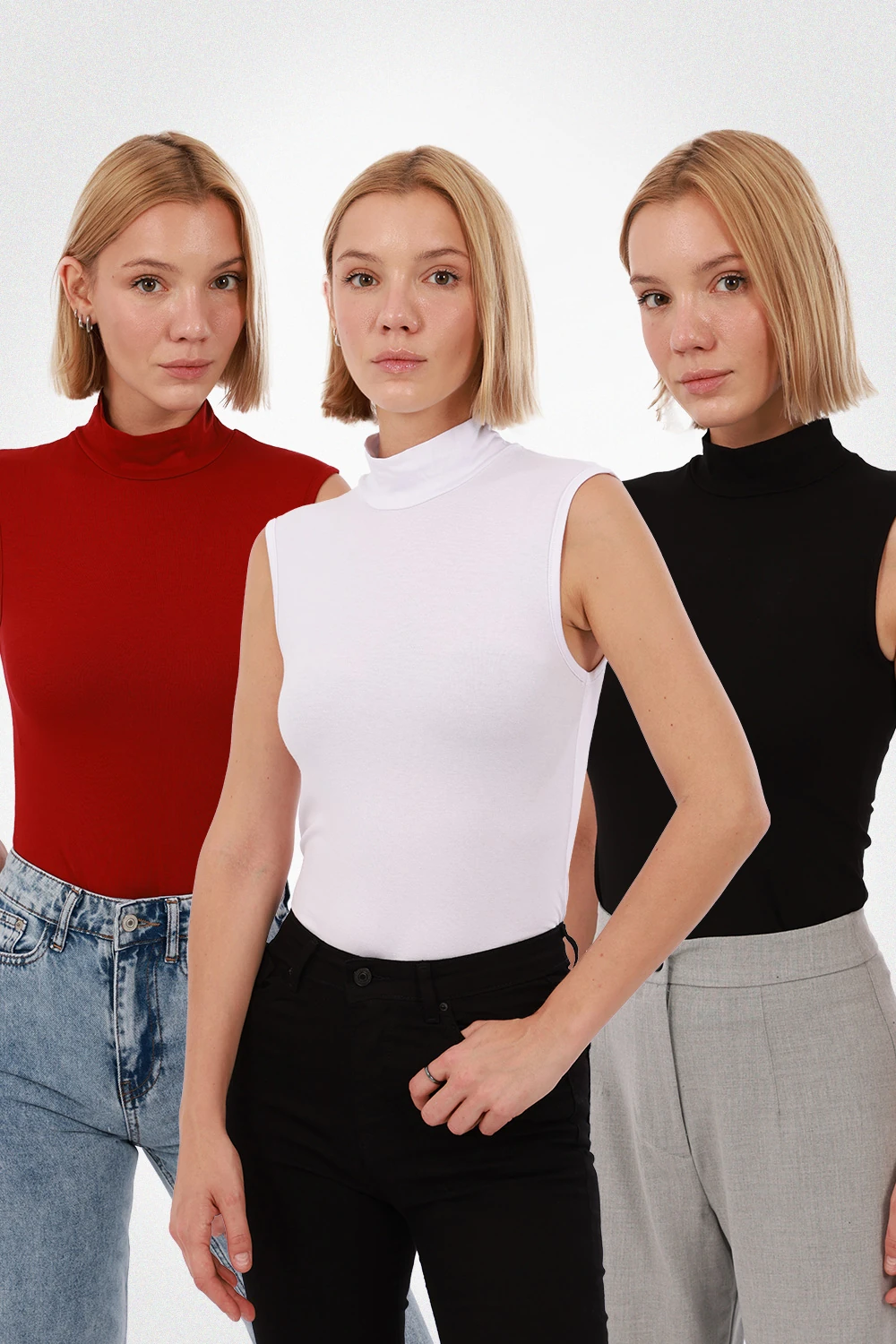 Kadın Kolsuz Bluz 3’lü Set - Siyah, Beyaz, Kırmızı