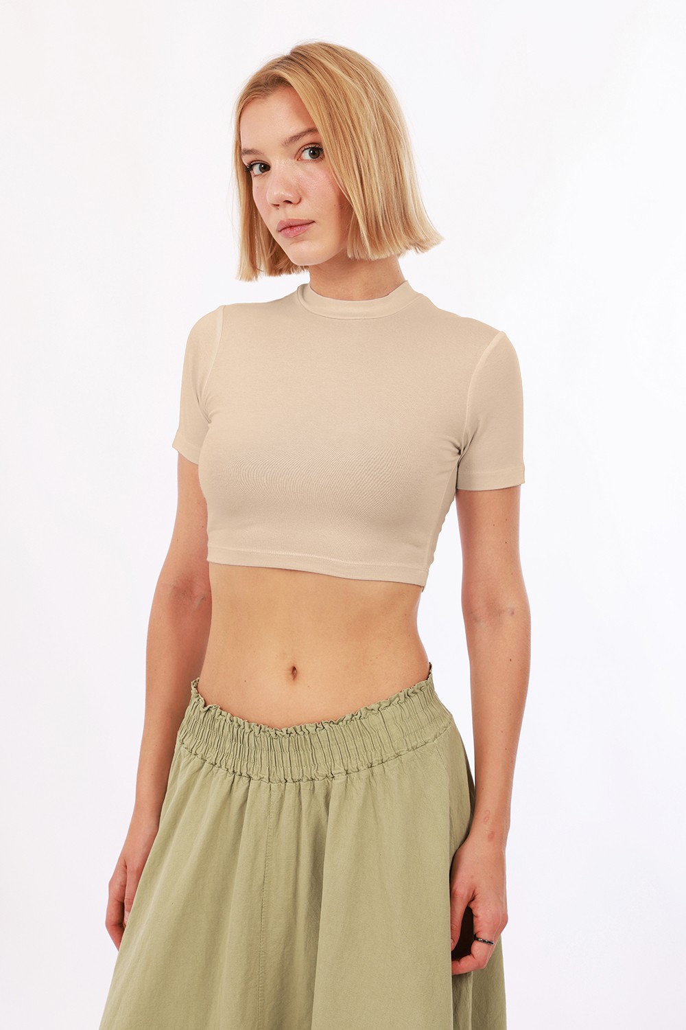 Kadın Kısa Kol Crop 3'lü Set - Lacivert Ekru Kahverengi