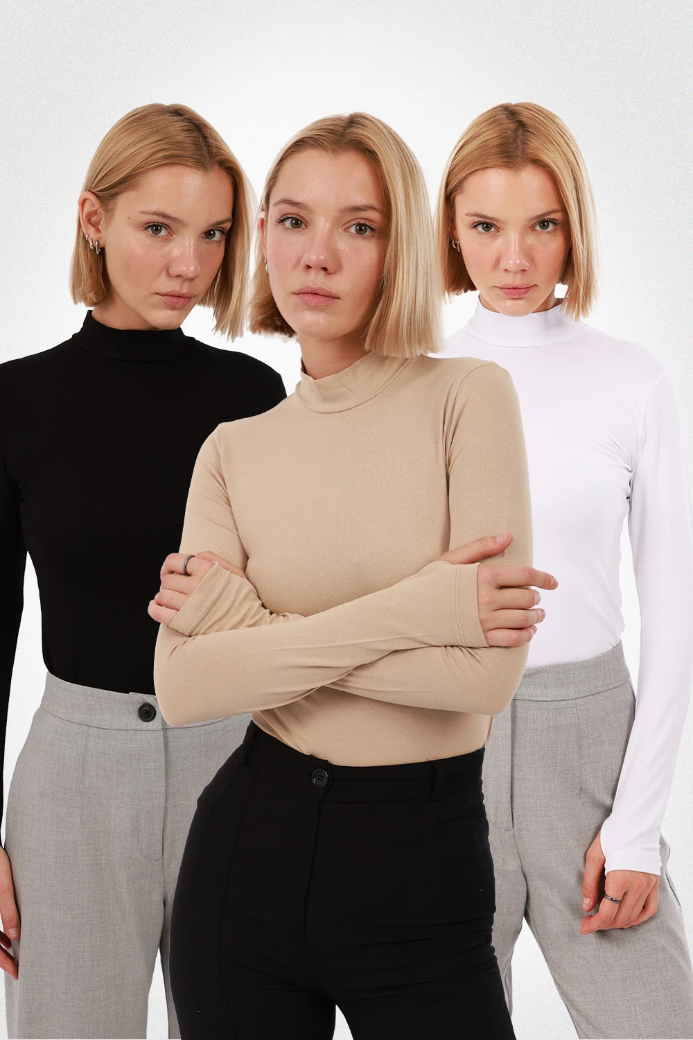 Kadın Parmak Detaylı Body 3’lü Set - Siyah, Beyaz, Ekru