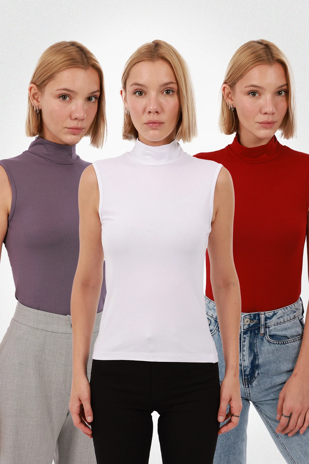 Kadın Kolsuz Bluz 3’lü Set - Kırmızı, Beyaz, Mor