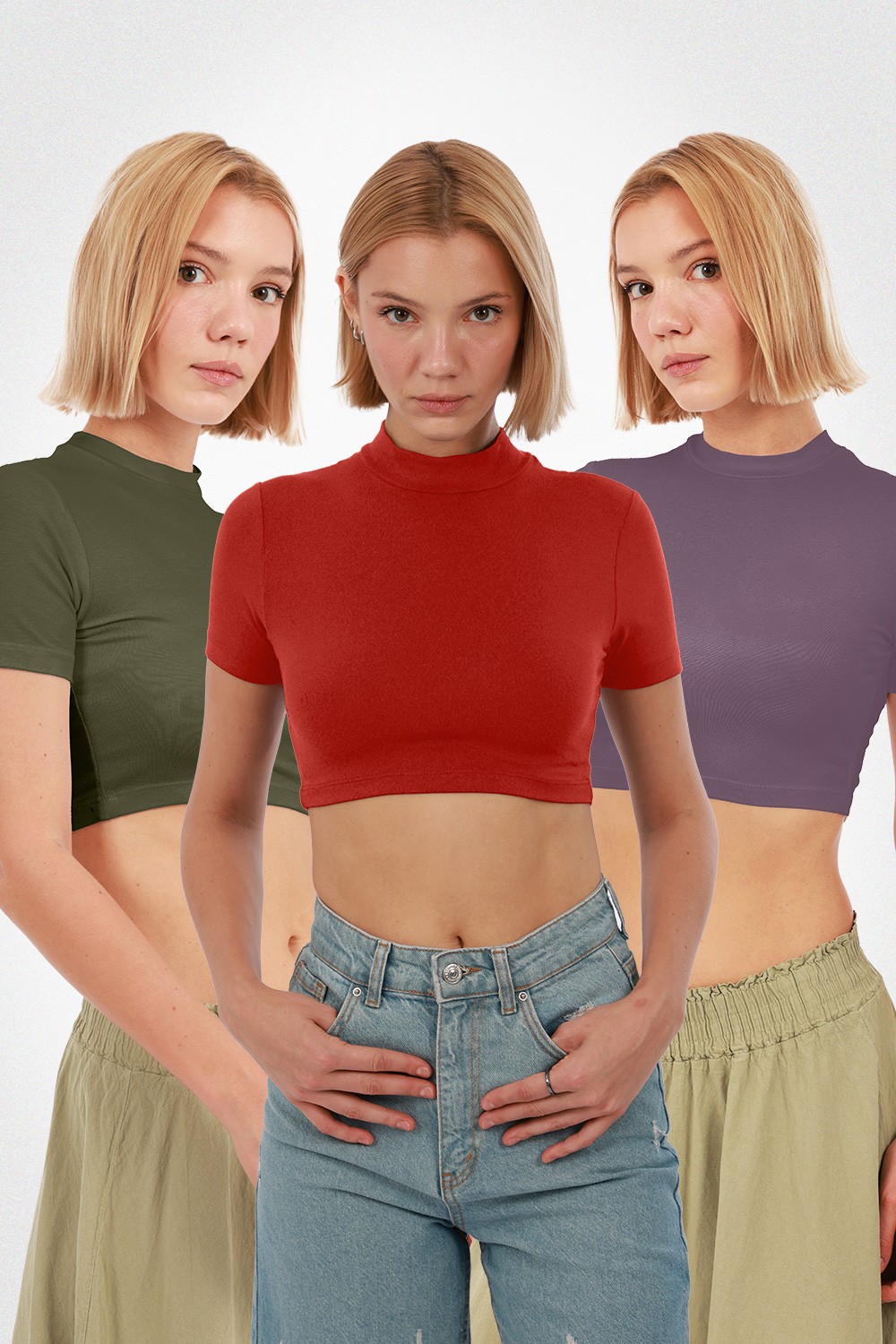 Kadın Kısa Kol Crop 3'lü Set - Haki Kırmızı Mor