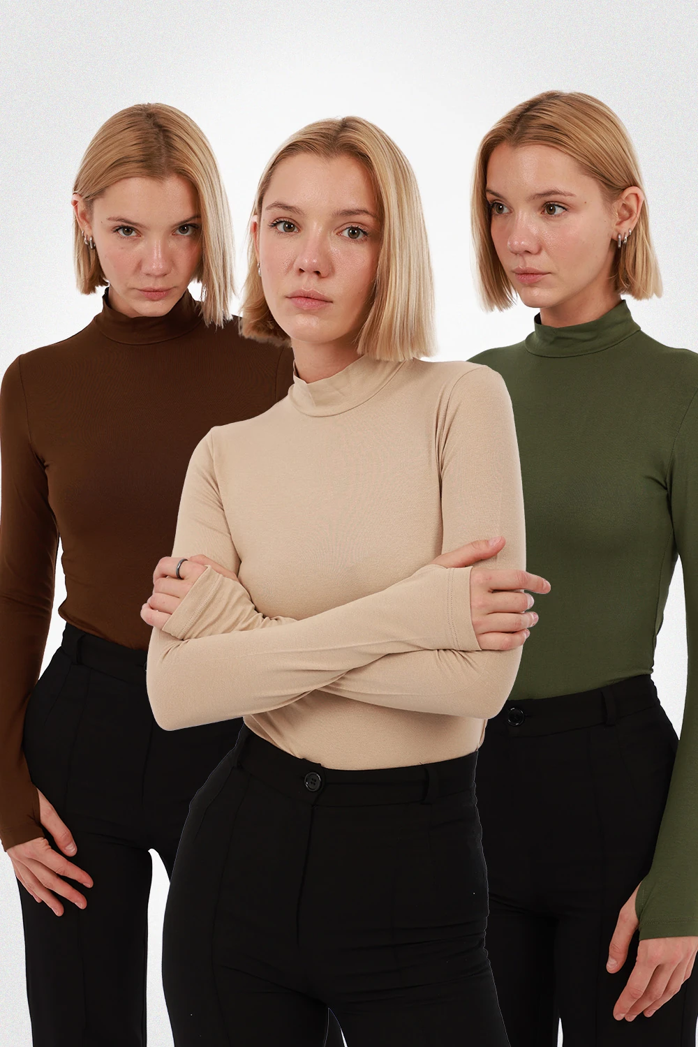 Kadın Parmak Detaylı Body 3’lü Set - Kahverengi, Ekru, Yeşil