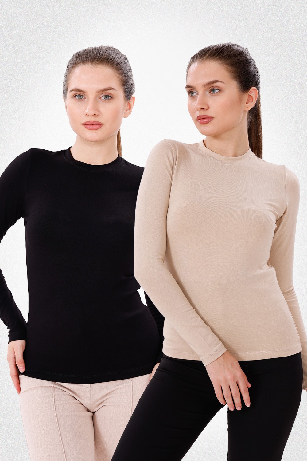 Uzun Kol Bisiklet Yaka Body 2'li Set - Siyah,Ekru