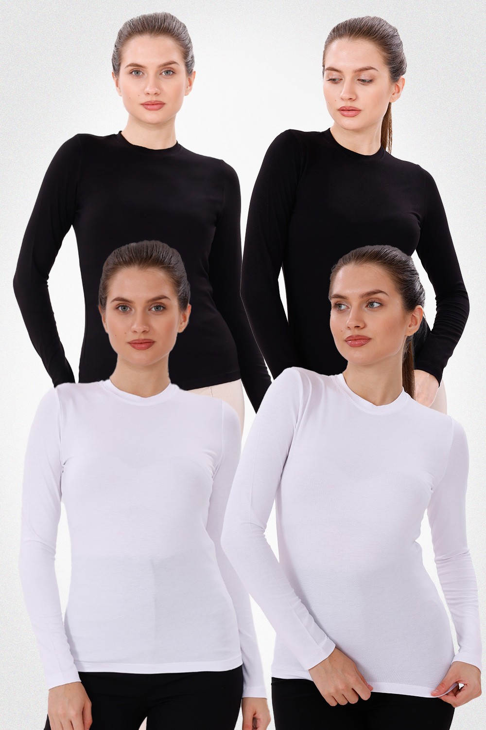 Uzun Kol Bisiklet Yaka Body 4'lü Set - 2 Siyah,2 Beyaz