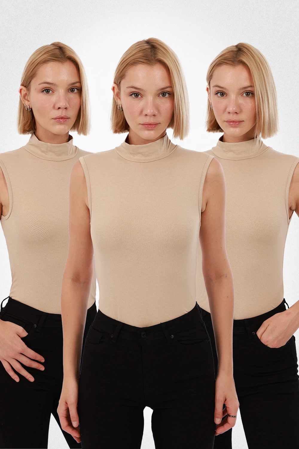 Kadın Kolsuz Bluz 3’lü Set - 3'lü Ekru