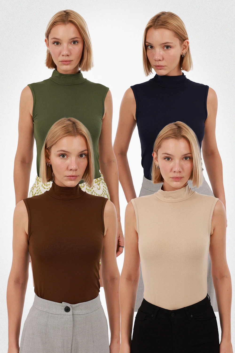 Kadın Kolsuz Bluz 4’lü Set - Ekru, Kahverengi, Lacivert, Yeşil