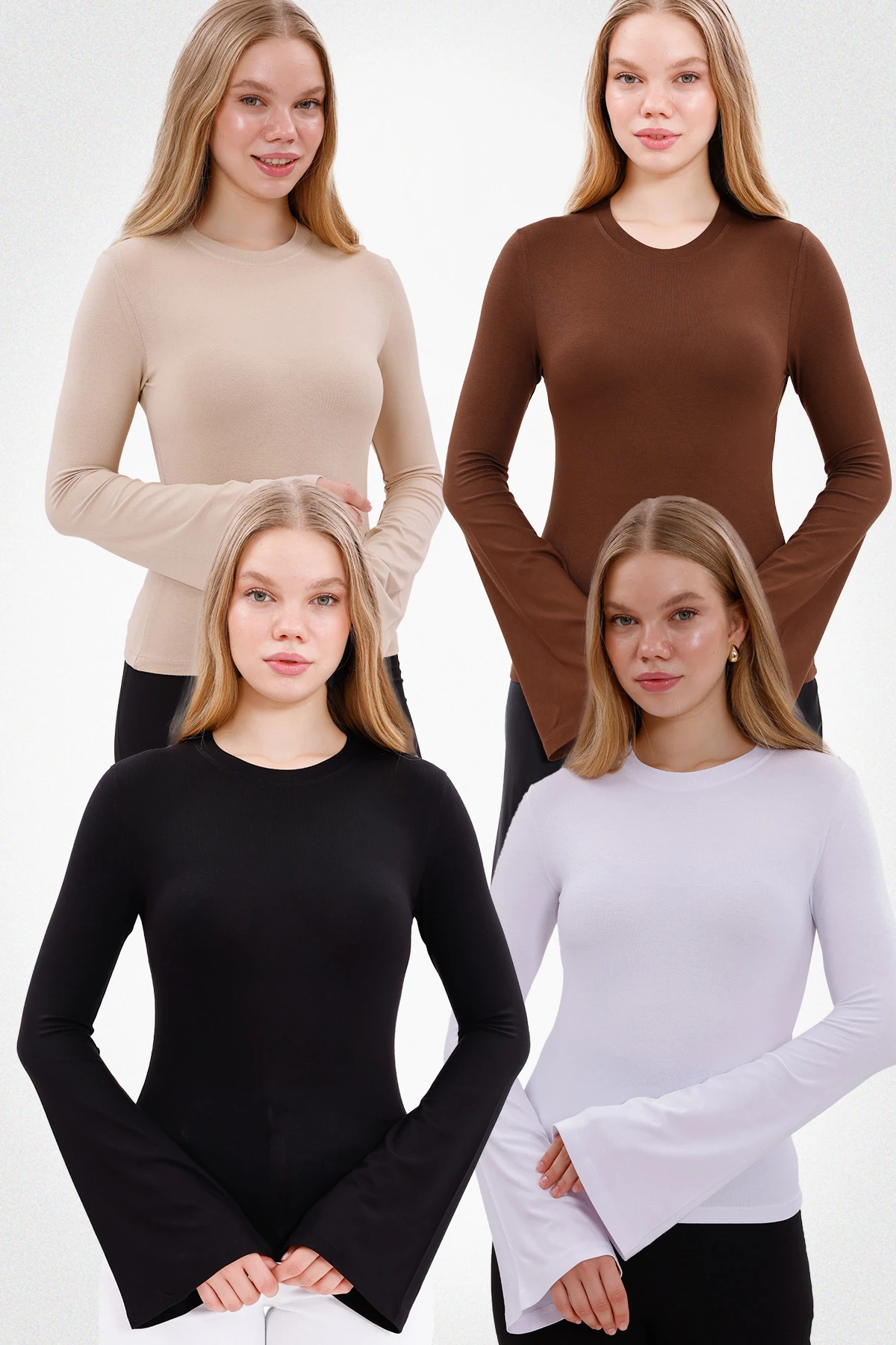 Kadın İspanyol Kol Body 4’lü Set - Siyah,Beyaz,Ekru,Kahverengi