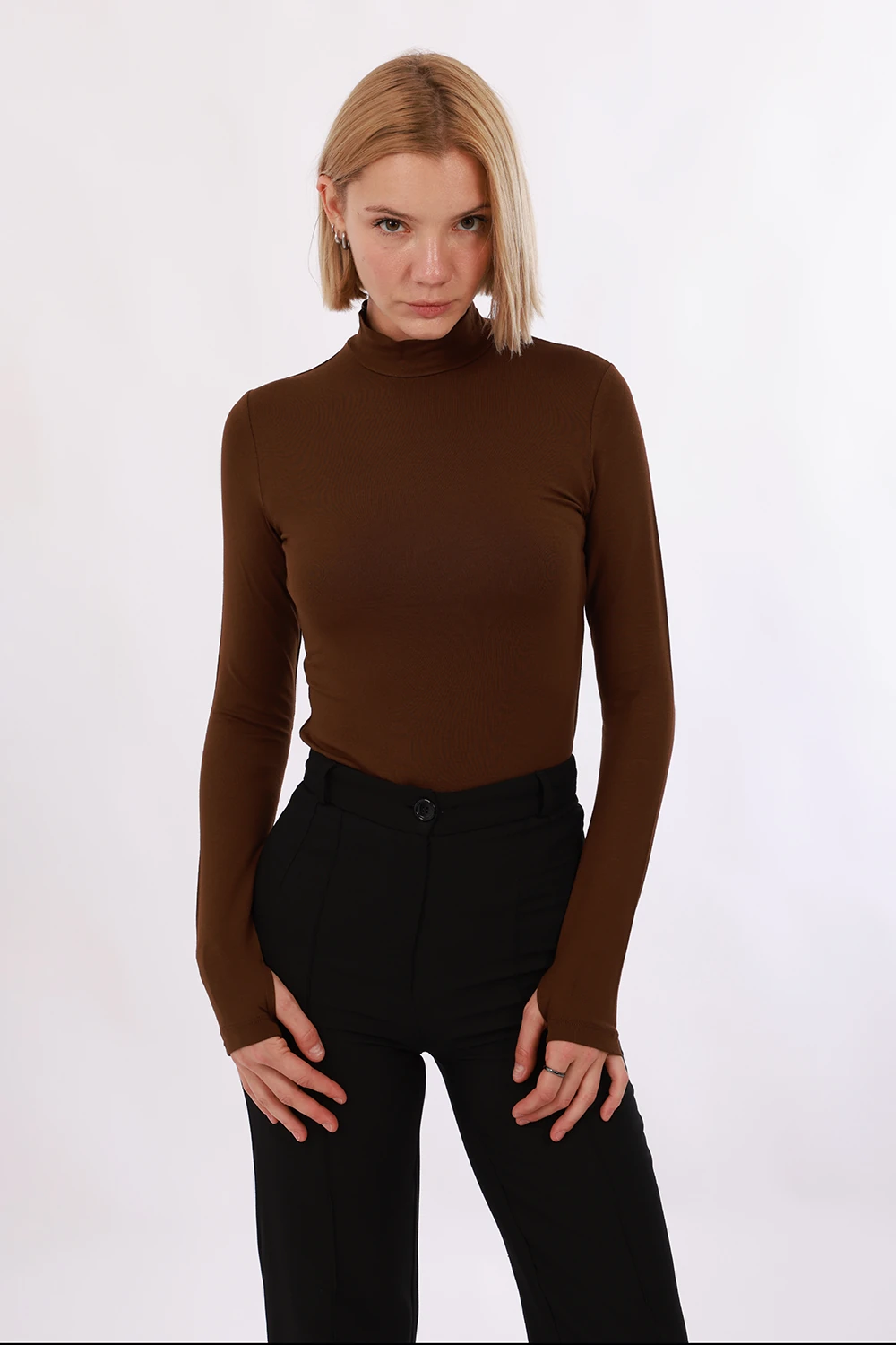 Kadın Parmak Detaylı Body - Kahverengi