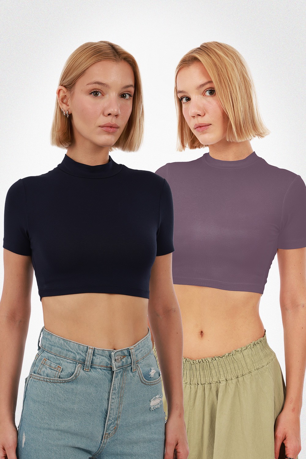 Kadın Kısa Kol Crop 2'li Set - Lacivert, Mor