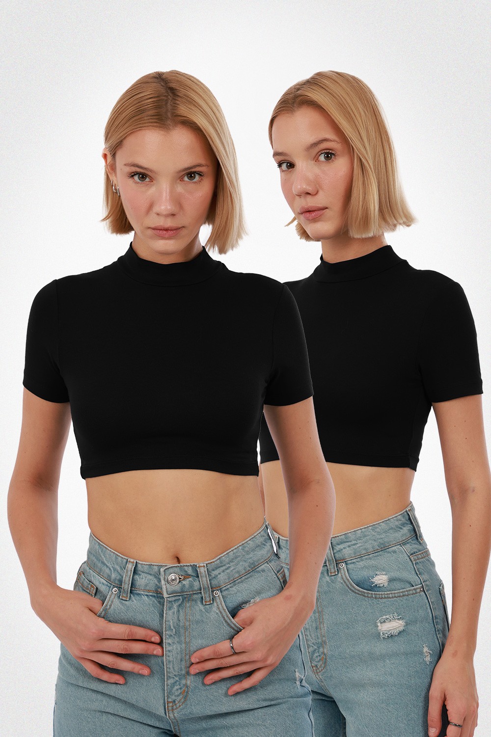 Kadın Kısa Kol Crop 2'li Set - 2'li Siyah