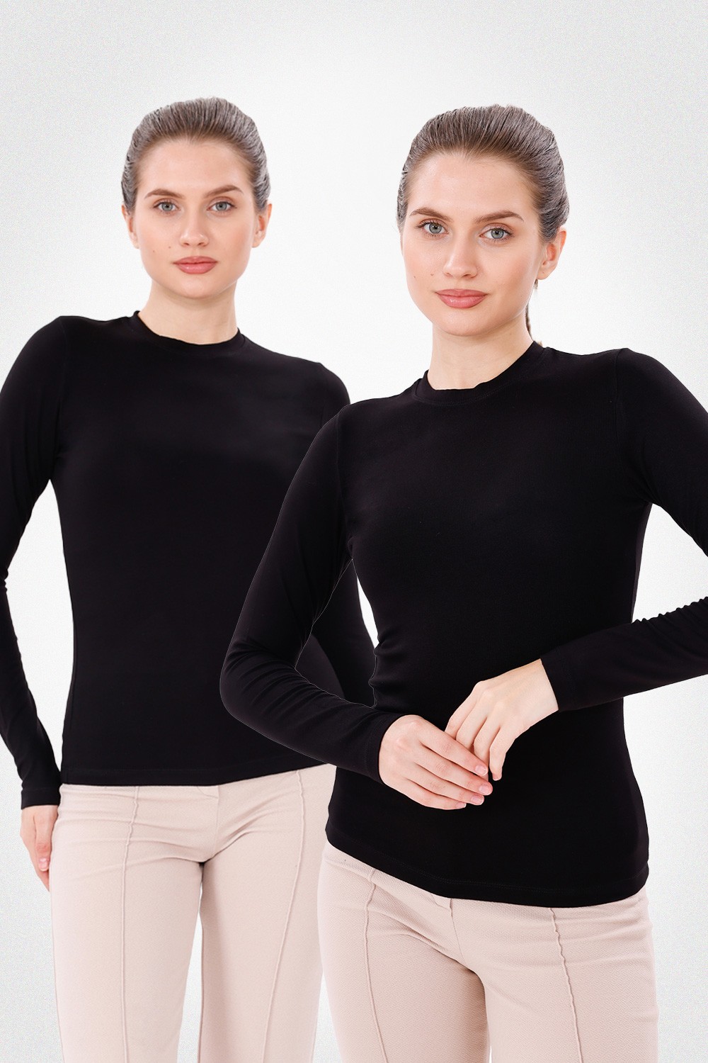 Uzun Kol Bisiklet Yaka Body 2'li Set - 2'li Siyah