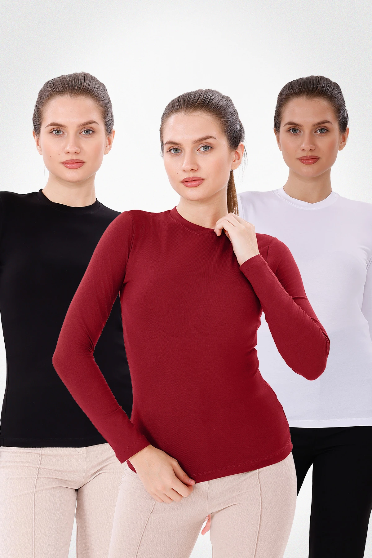 Uzun Kol Bisiklet Yaka Body 3'lü Set - Siyah,Beyaz,Bordo