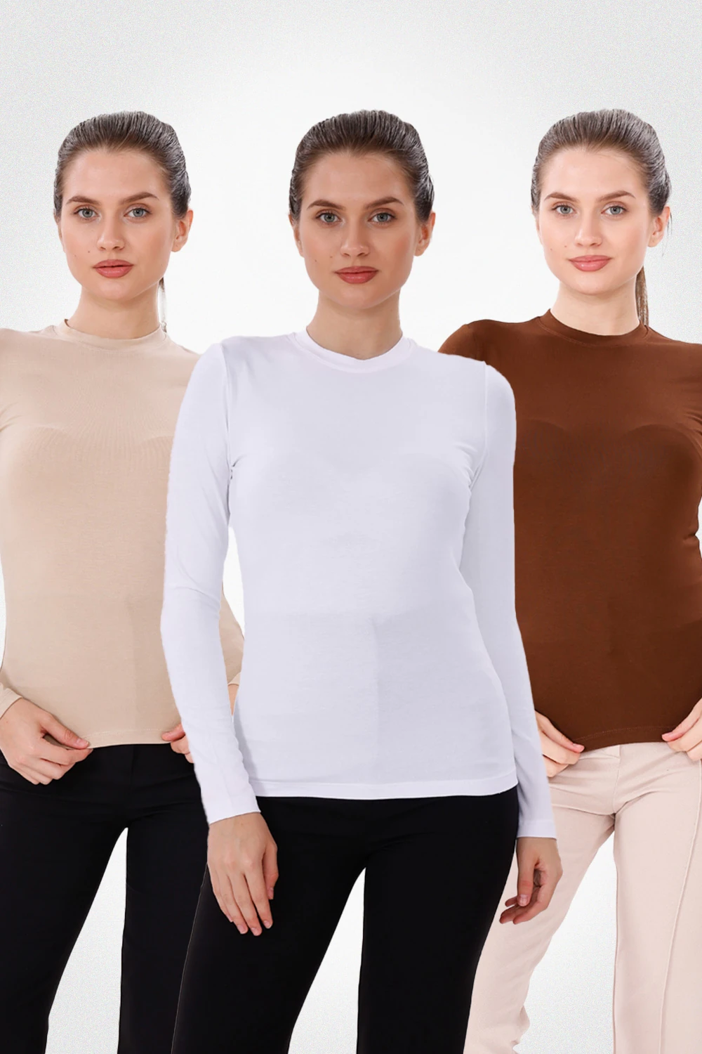 Uzun Kol Bisiklet Yaka Body 3'lü Set - Kahverengi,Ekru,Beyaz