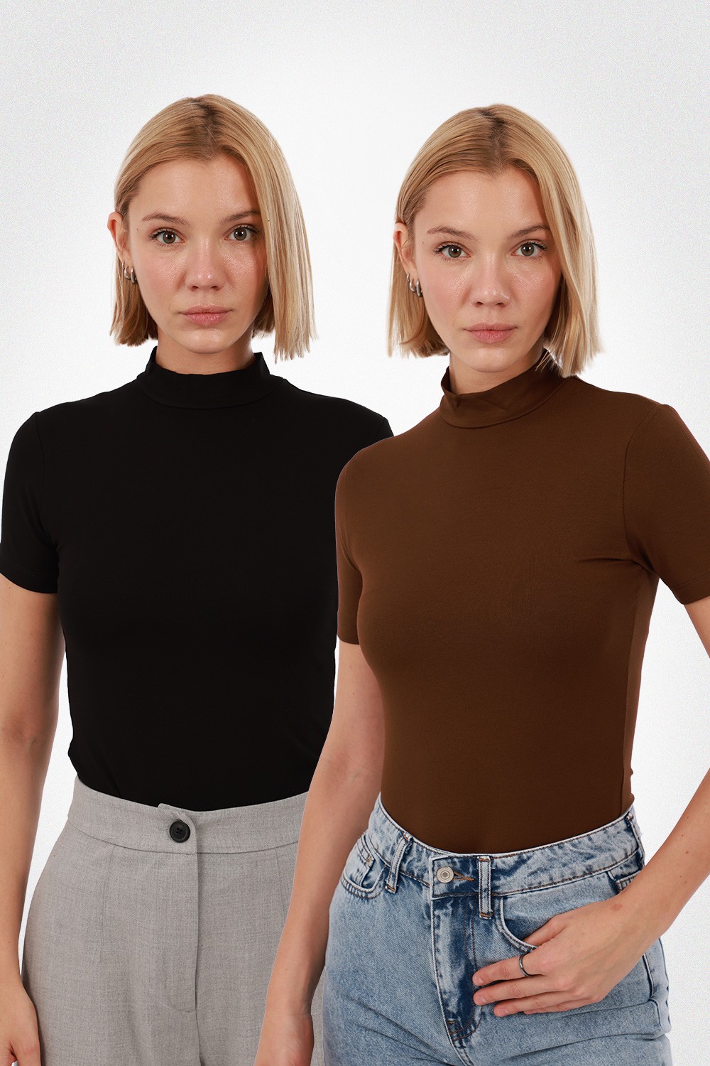 Kadın Kısa Kol Bluz 2'li SET - Siyah - Kahverengi