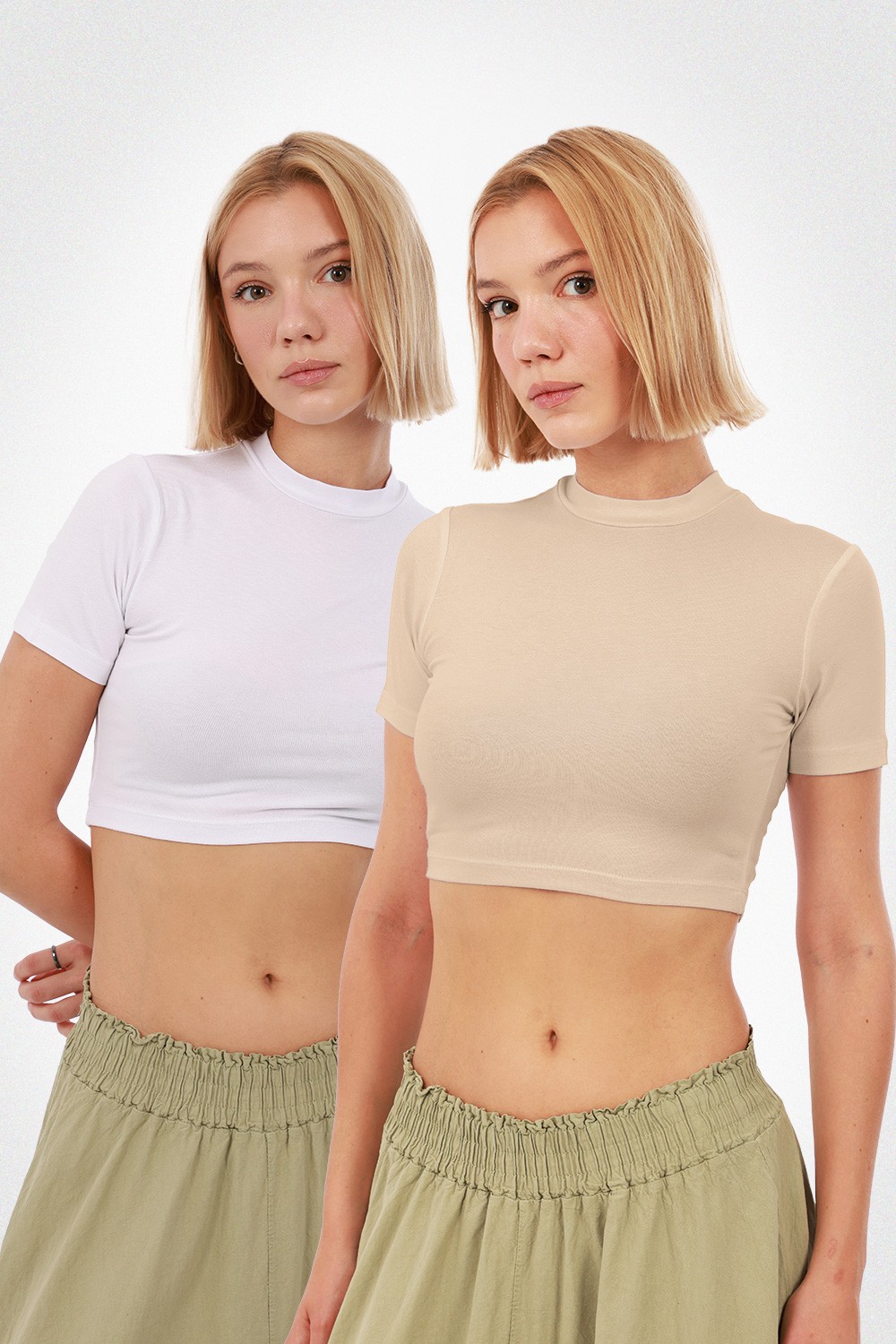 Kadın Kısa Kol Crop 2'li Set - Beyaz, Ekru