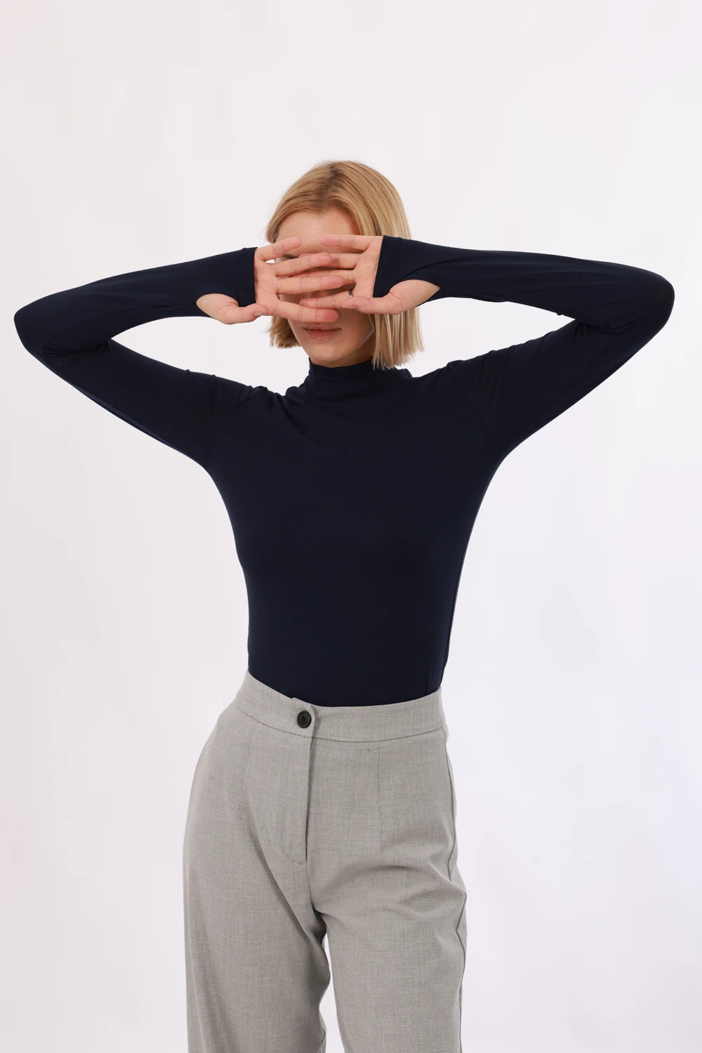 Kadın Parmak Detaylı Body - Lacivert