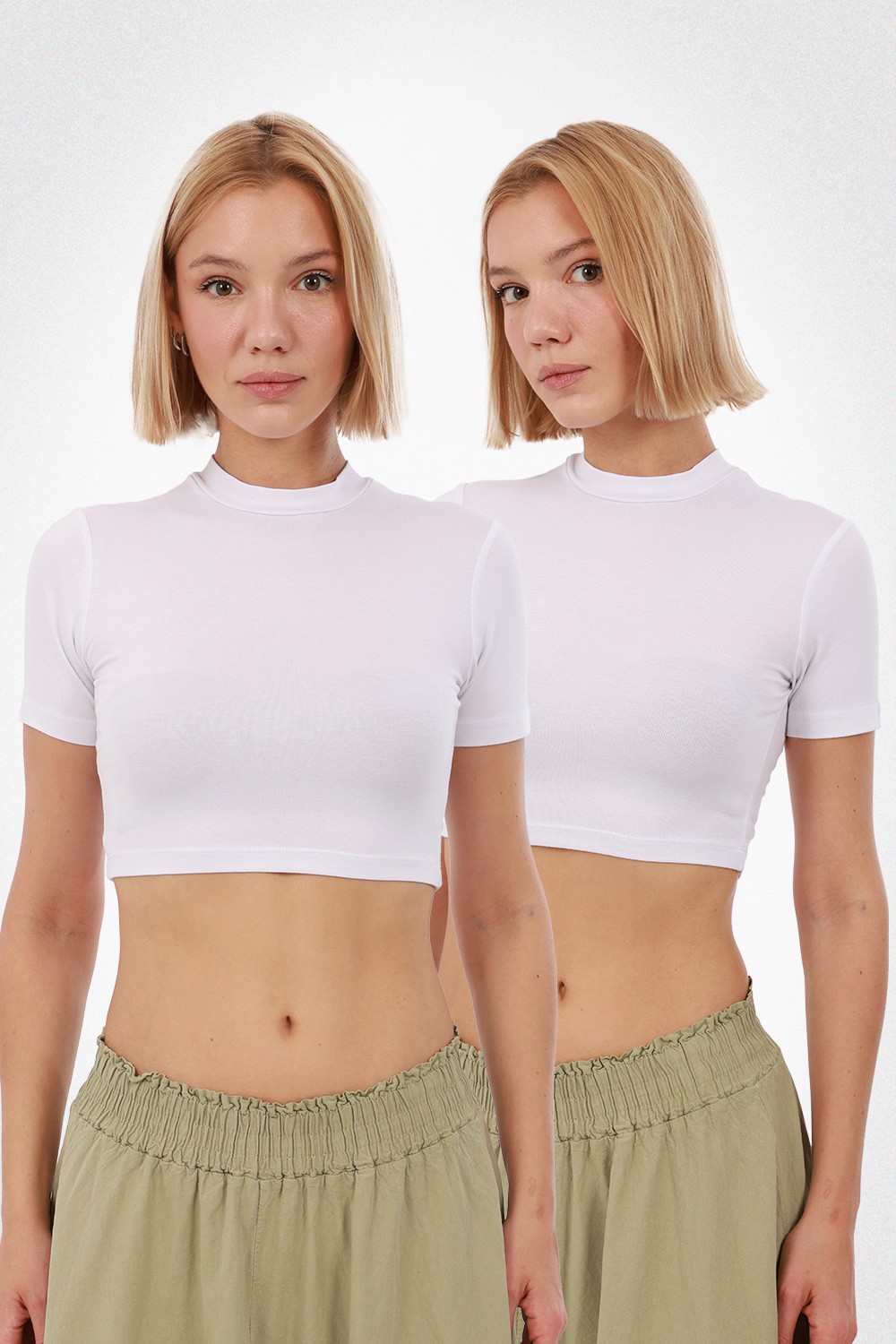 Kadın Kısa Kol Crop 2'li Set - 2'li Beyaz