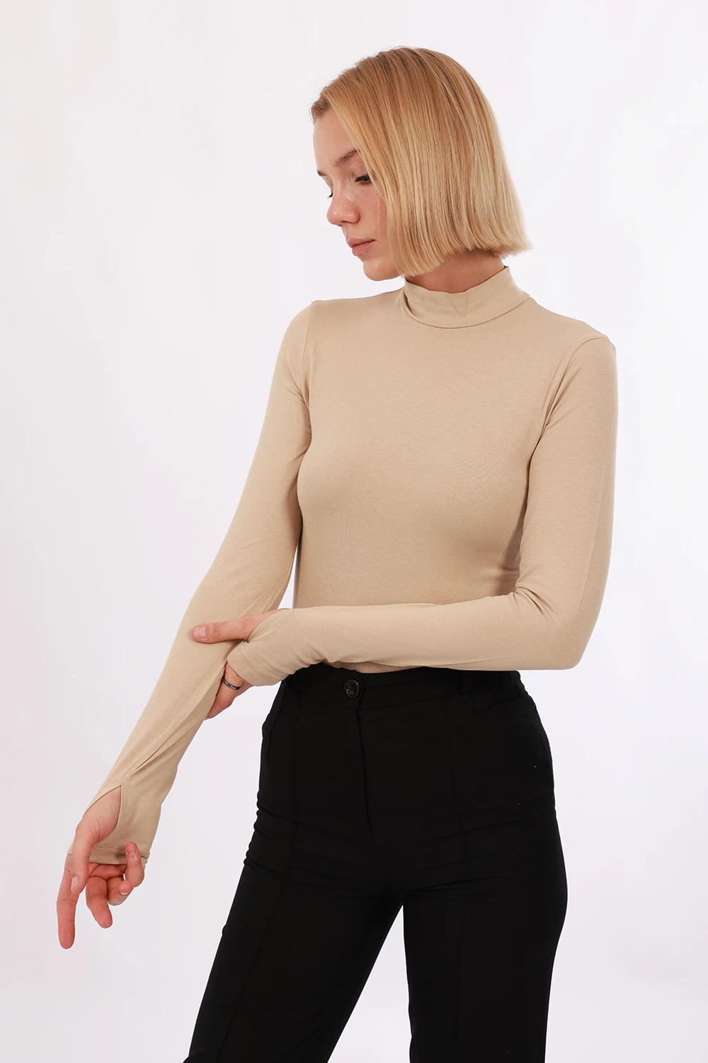 Kadın Parmak Detaylı Body - Ekru